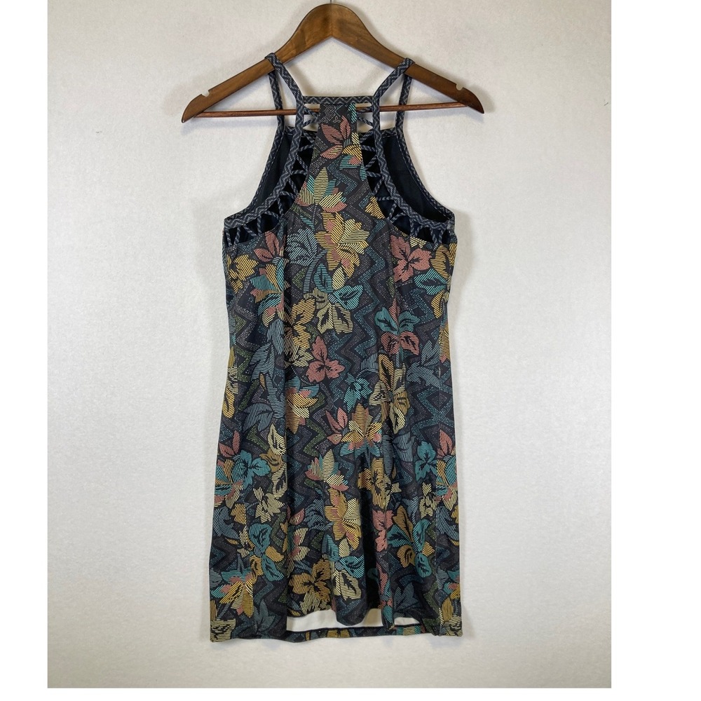 Boho Tropical‎ prAna Womens Small Black Floral Strappy Back Halter Mini Dress - Picture 2 of 9